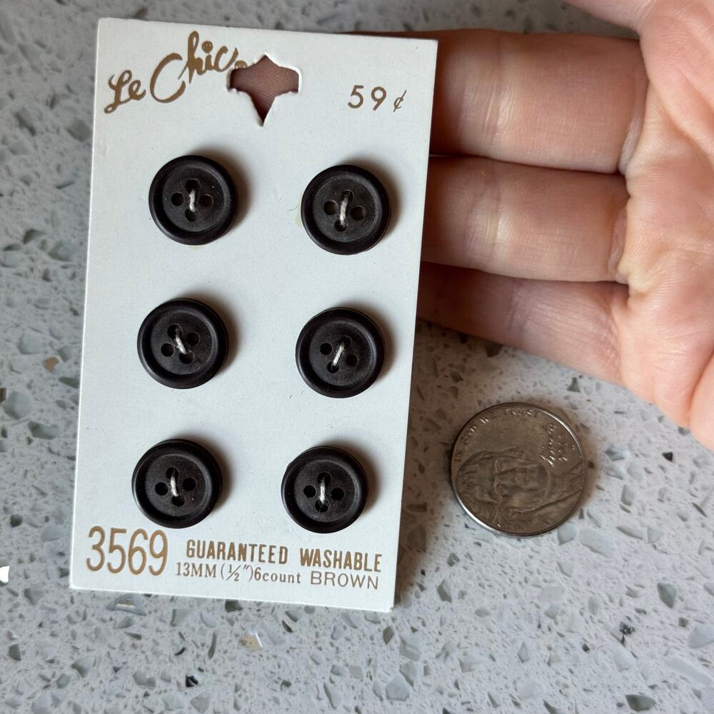 6 NEW on card Vintage 80s Dark Brown Round Flat 4 Hole Buttons 1/2" Japan